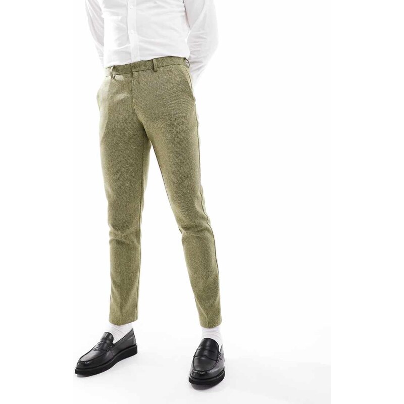 ASOS DESIGN skinny wool mix suit trouser in olive basketweave texture-Green