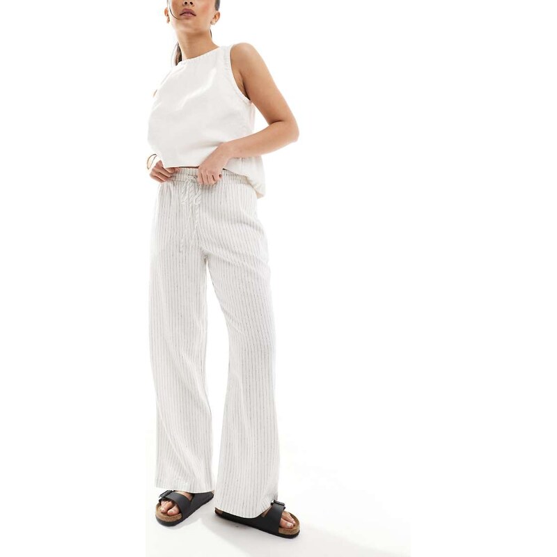 New Look linen wide leg trousers in cream stripe-White