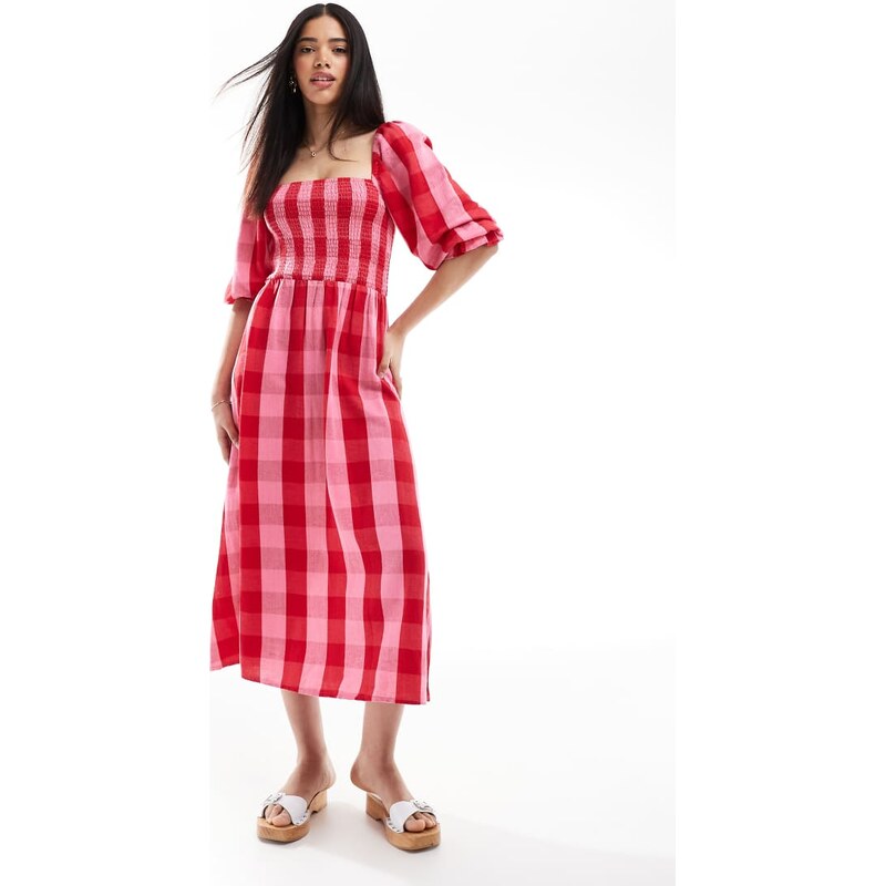 New Look check long sleeve midi dress in pink 105542378