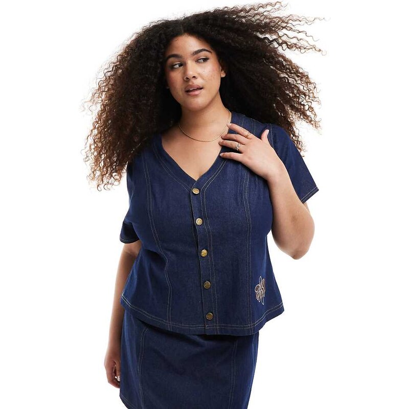 Renee Studio Plus exclusive denim button front short sleeve top co-ord 105226255