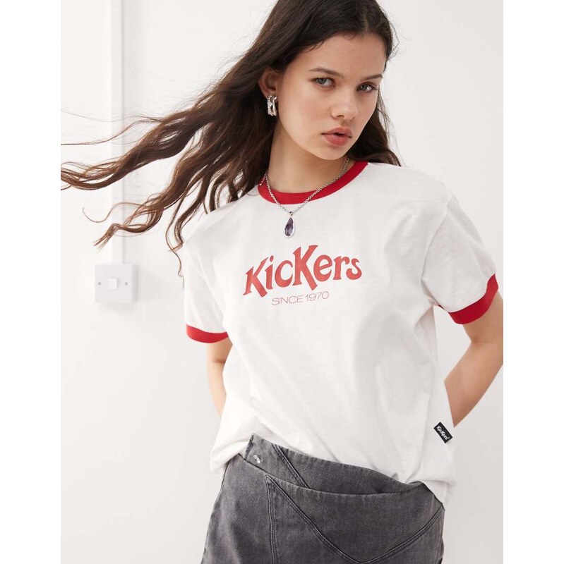 Kickers crop ringer tee with red kickers logo in white 105234650