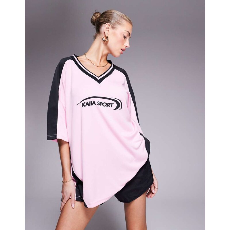 Kaiia sport oversized v neck football jersey in pink and black