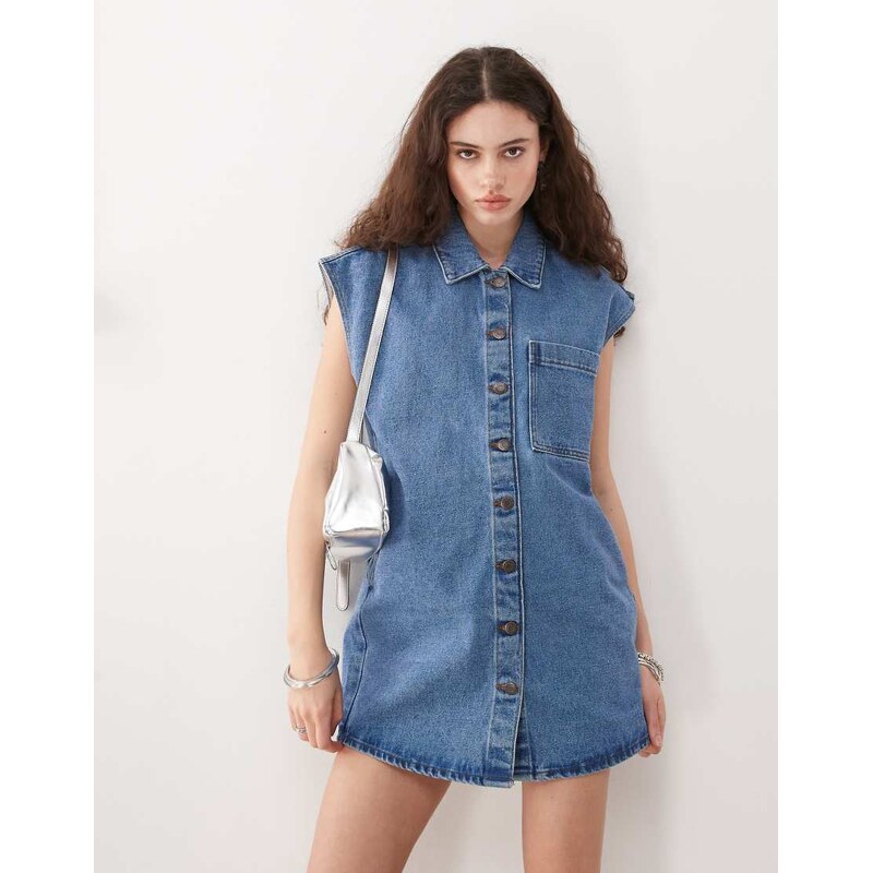 Noisy May sleeveless denim mini dress in mid blue wash 105234988