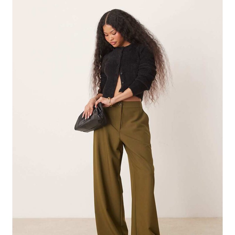 ASOS DESIGN Petite tailored relaxed straight leg trousers in olive 105241155