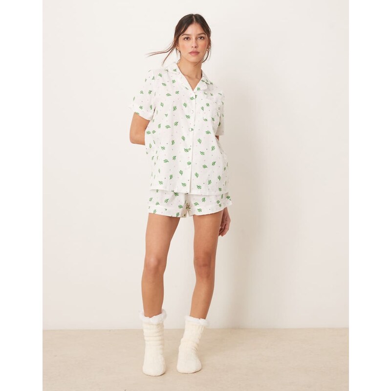 Loungeable cactus printed woven dobby short sleeve shirt & shorts 105364261