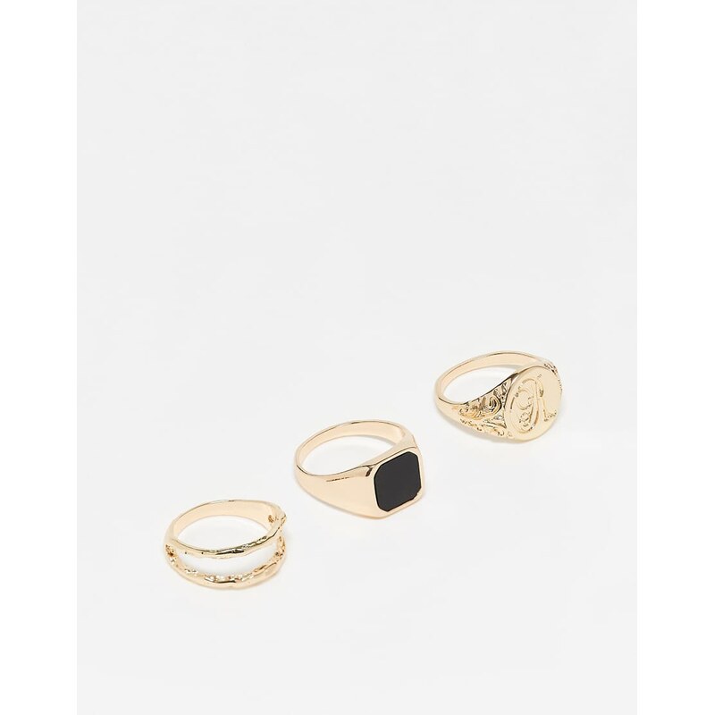 ASOS DESIGN 3 pack signet ring with black s in gold 105240026