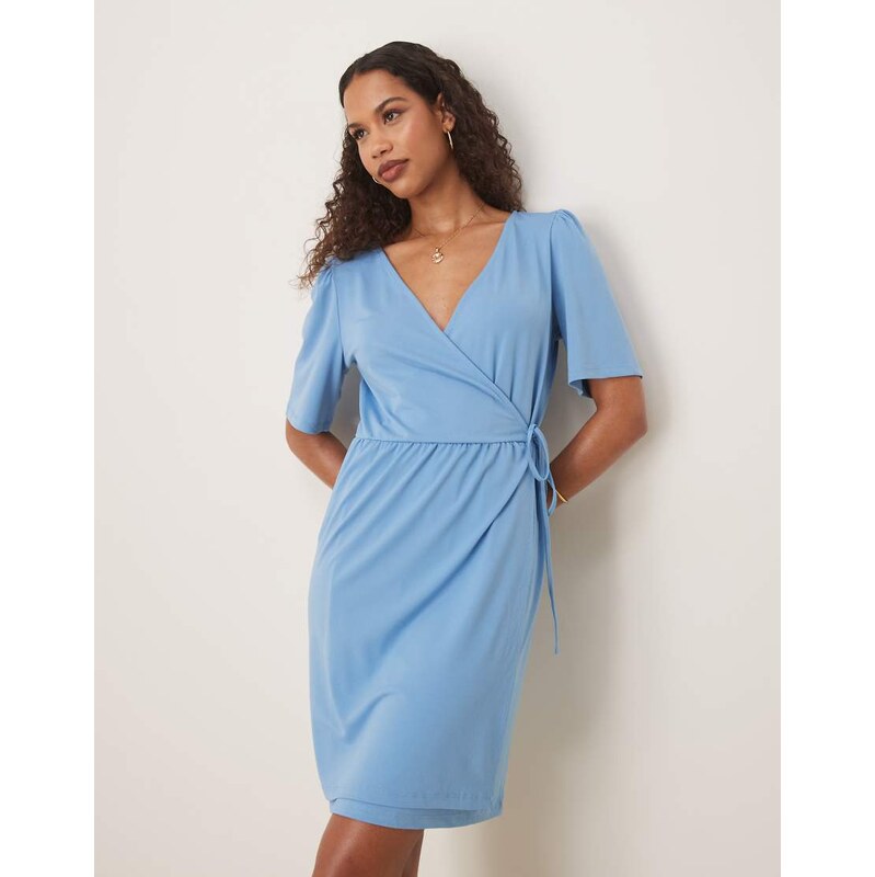 Vila jersey wrap front tie side mini dress in blissful blue