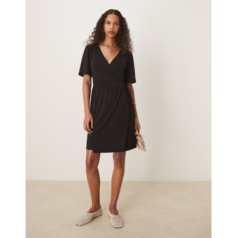 Vila jersey wrap front tie side mini dress in black 105240077