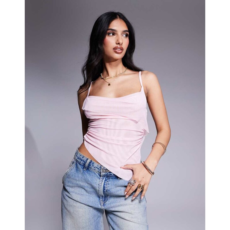 ASOS DESIGN floaty sheer mesh cowl front cami top in pastel pink 106553931