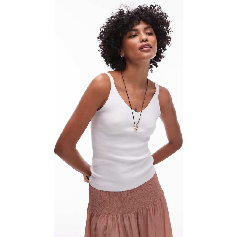 Mango knitted v neck cami top in ivory-White
