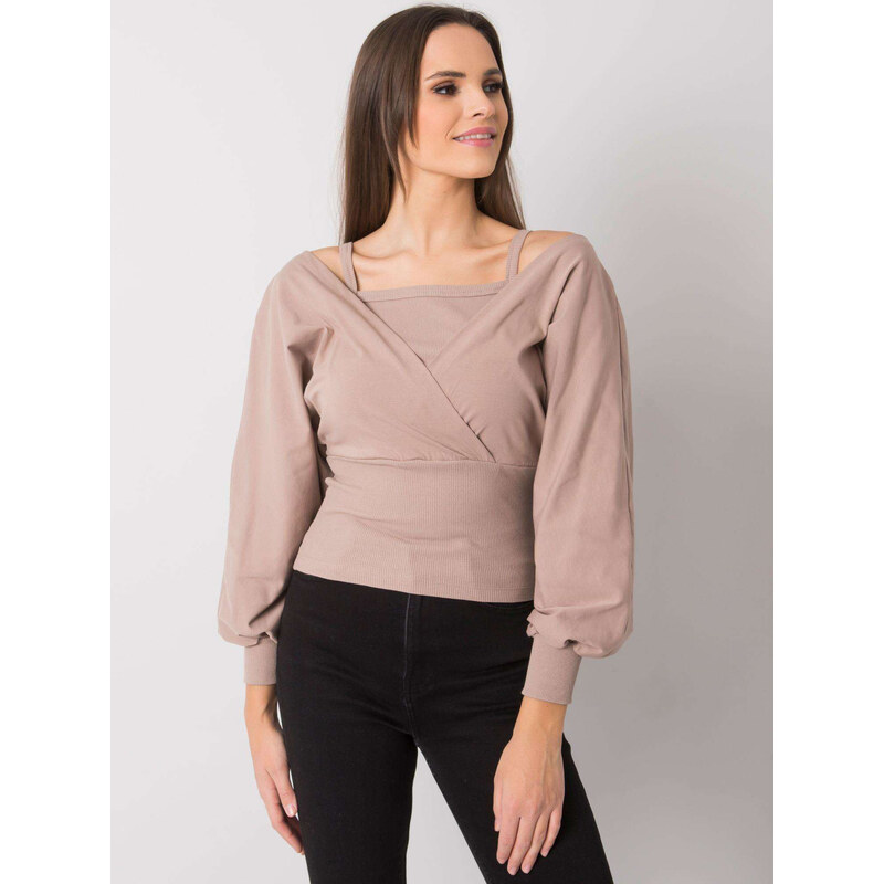 RUE PARIS Béžové dámské tričko s dlouhými řasenými rukávy -beige 66267115