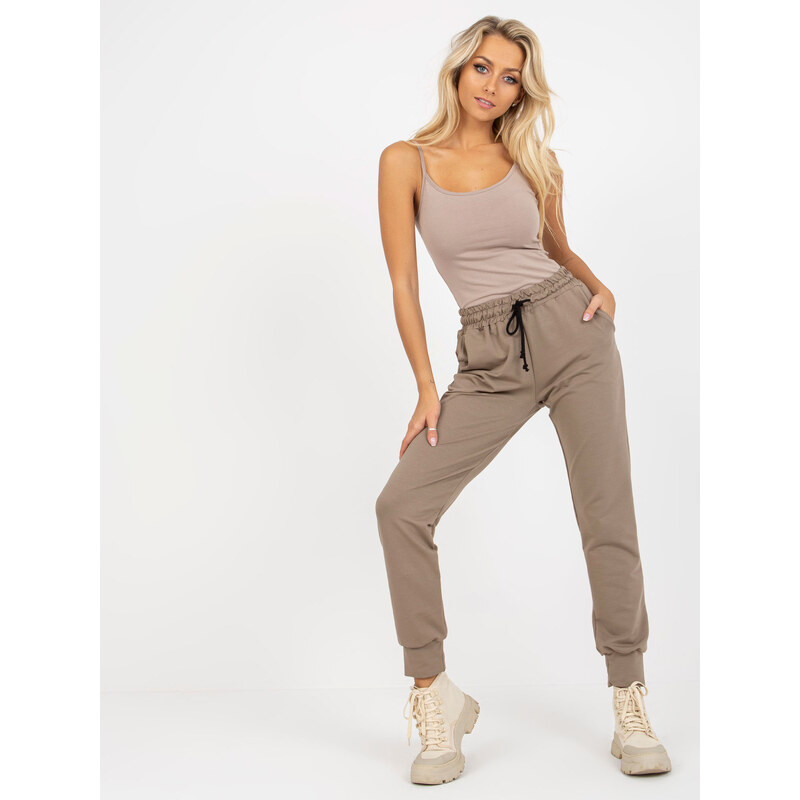 BASIC Tmavě béžové dámské tepláky s vysokým pasem -dark beige