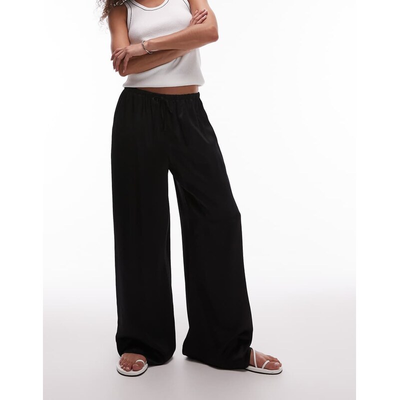 Topshop satin tie waist wide leg trouser in black