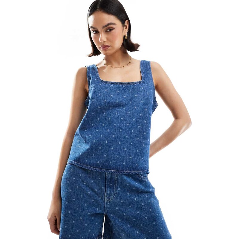 ASOS DESIGN denim square neck shift top with polka dot print in mid 105247345