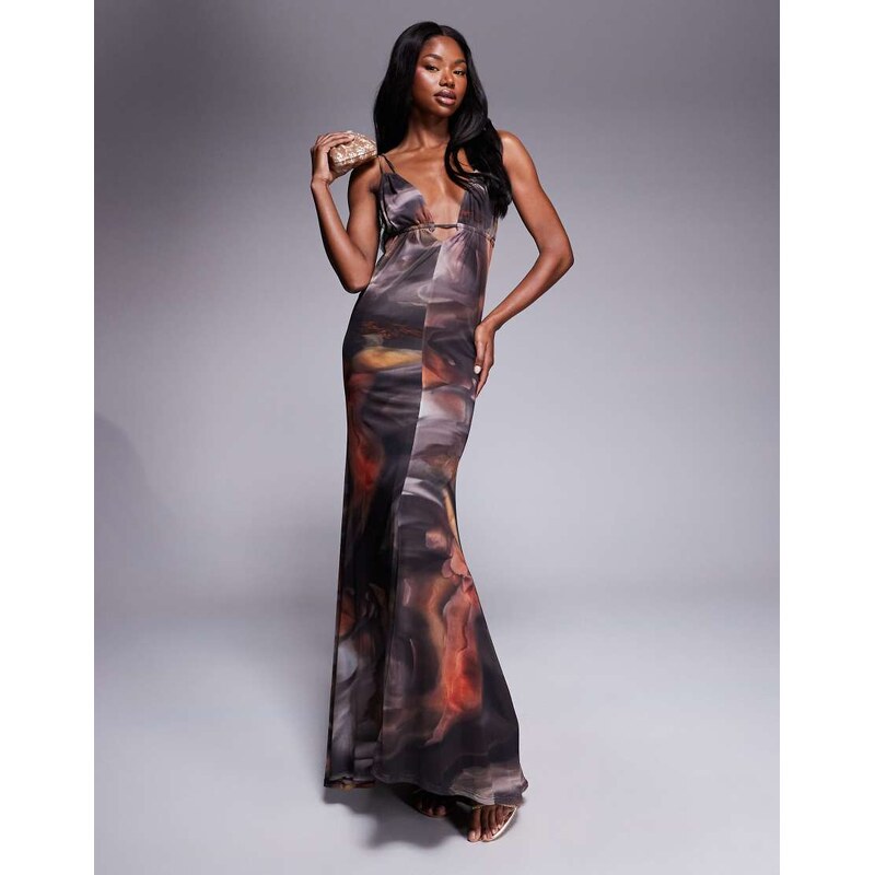 ASOS DESIGN mesh plunge neckline double strap maxi dress with