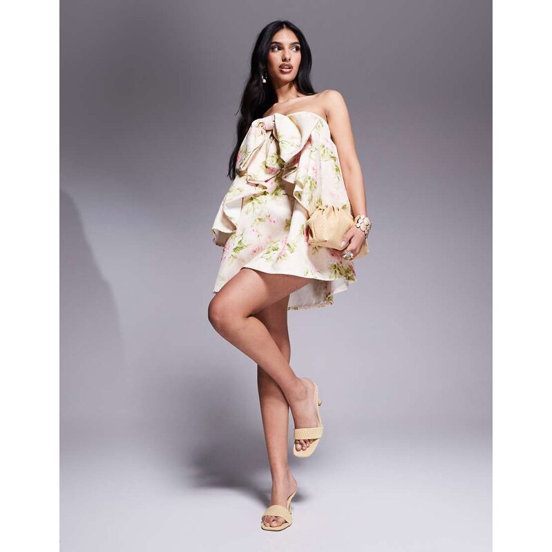 ASOS LUXE bow waterfall hem denim dress in vintage floral print-Pink 105265762