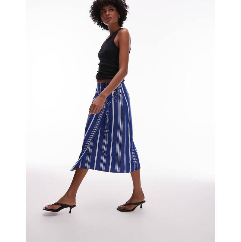ARKET linen wrap beach midi skirt in blue pinstripe 105542119