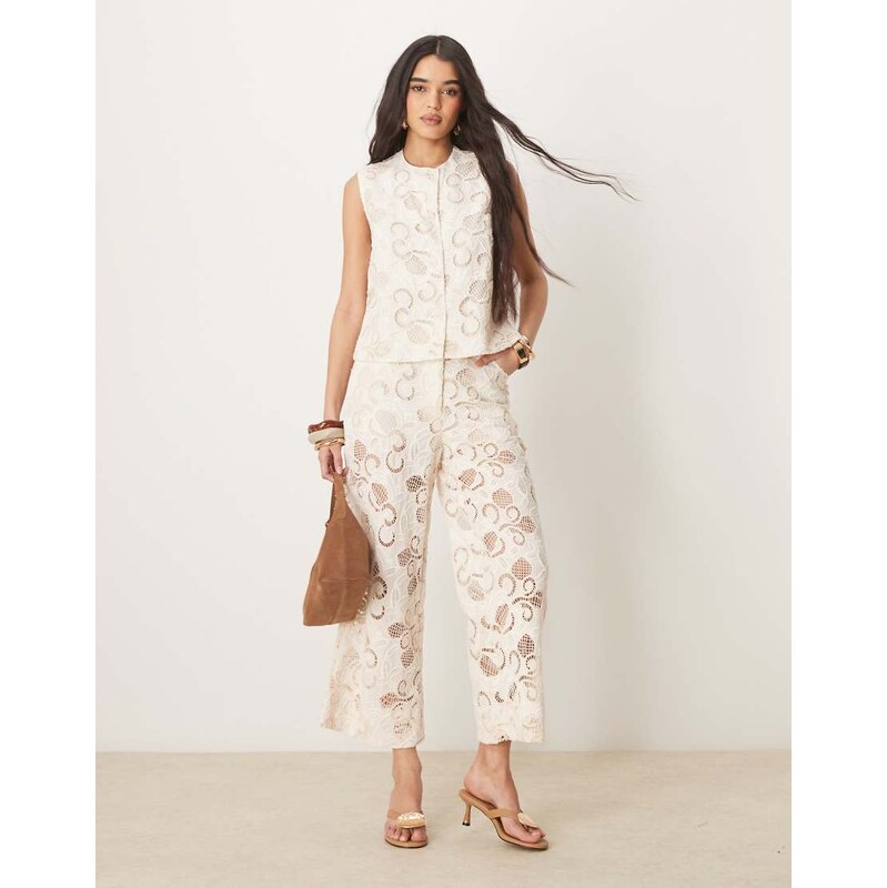 ASOS DESIGN premium shell top co-ord with floral cutwork in buttermilk 105257218