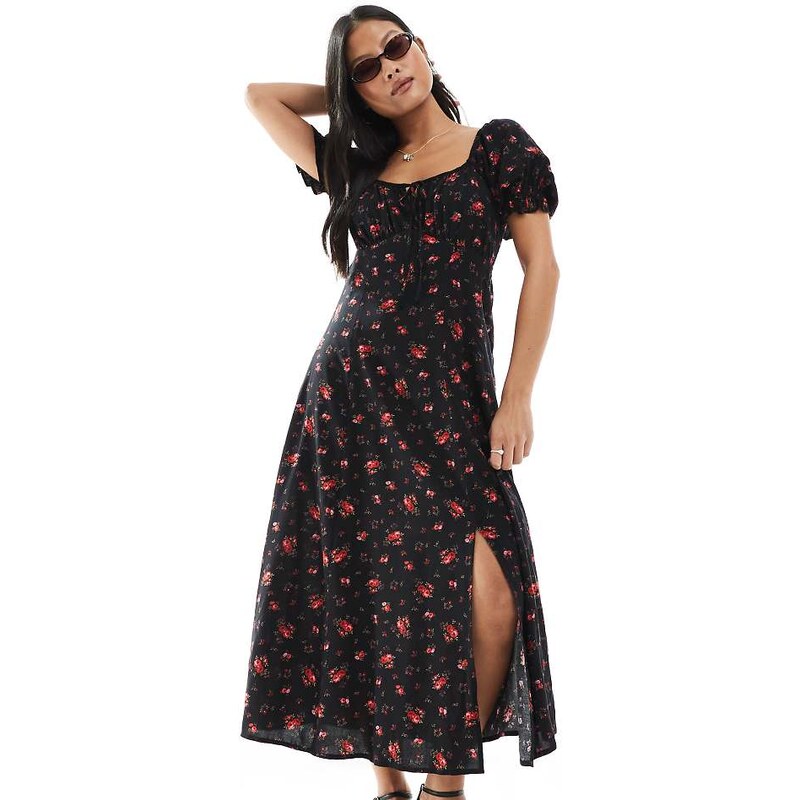 Miss Selfridge Petite spun tea midaxi dress in black rose print-Multi 114424793