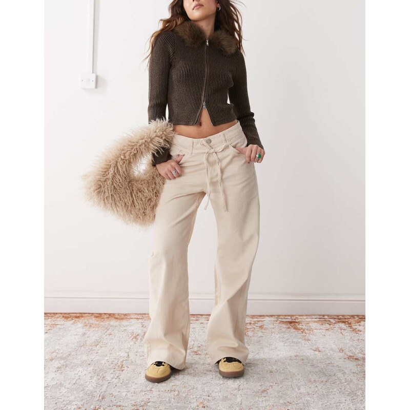 Monki tie waist wide leg trousers in beige-Neutral