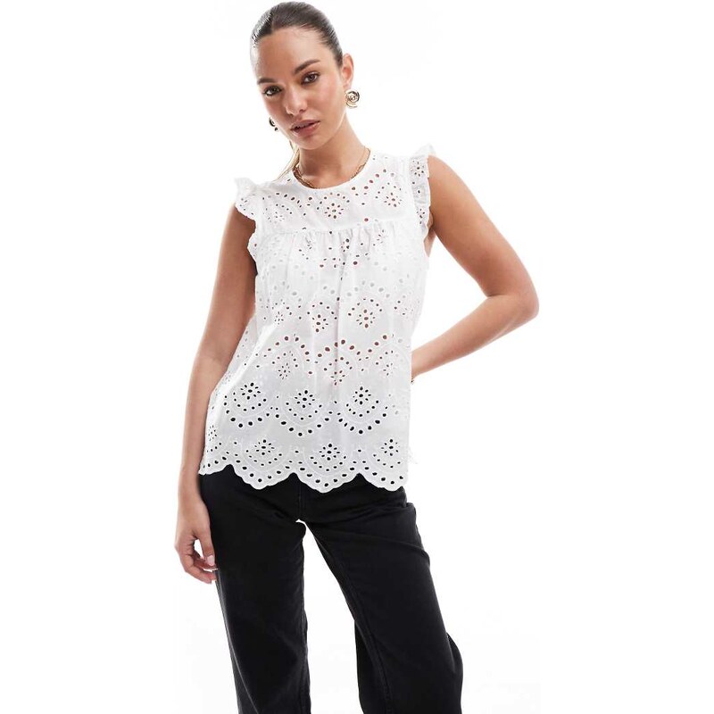 Pieces sleeveless broderie smock top in white 105257287