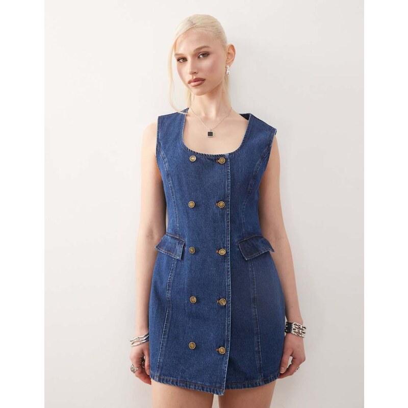 Lioness double button front pocket detail denim mini dress in mid blue 105257306