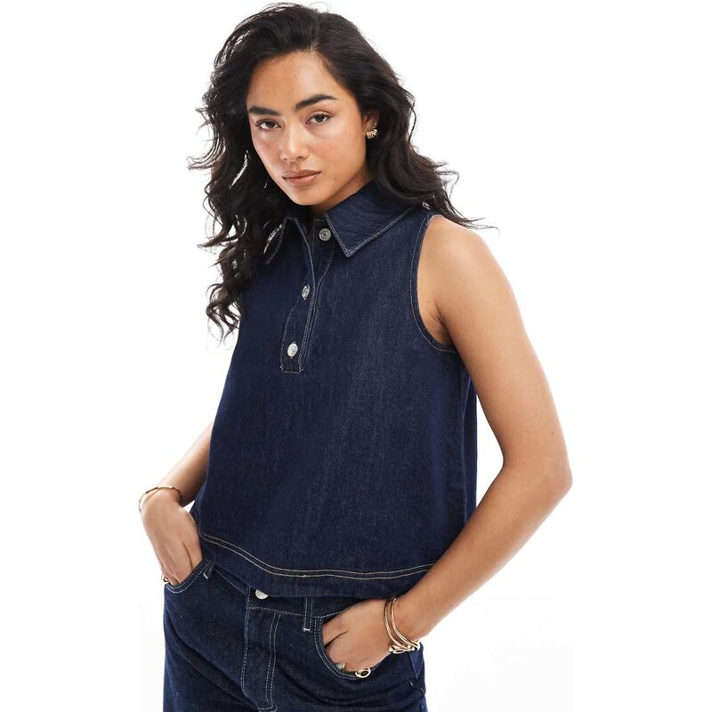 ASOS DESIGN denim sleeveless collar button up top in indigo-Blue 105257453
