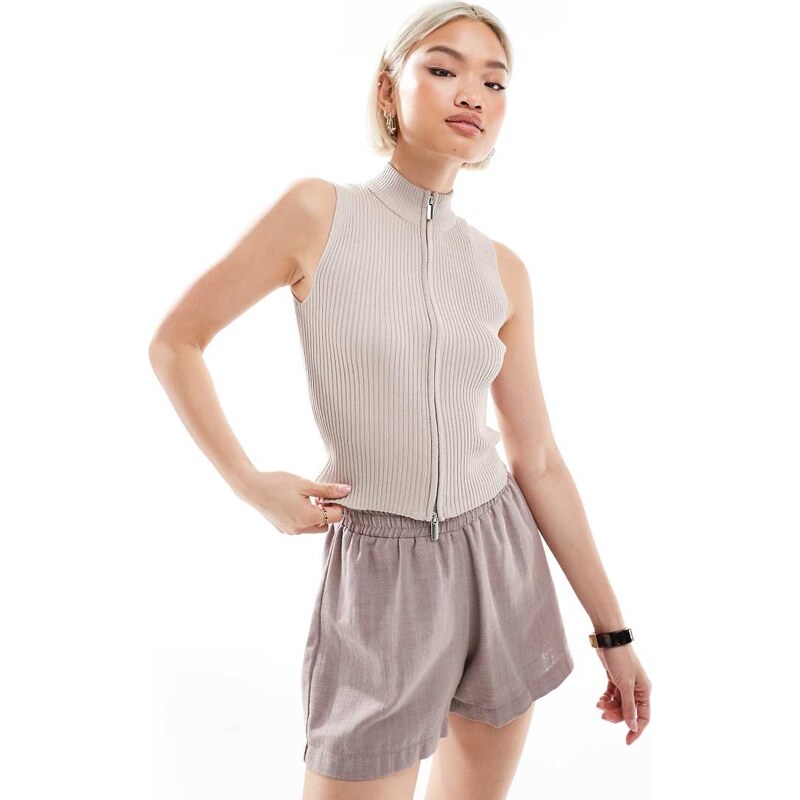 Brave Soul ribbed knitted waistcoat with zip in mink-Neutral 105257489