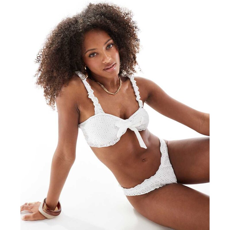 Miss Selfridge broderie scrunchie tie front crop bikini top in cream 115510497