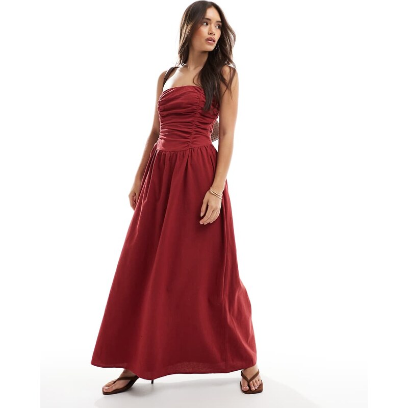 4th & Reckless cotton bandeau ruched detail maxi dress in rust-Red 105343397