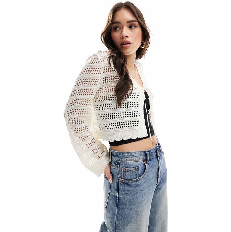 ONLY tie front crochet cardigan in stone-Neutral 105588734