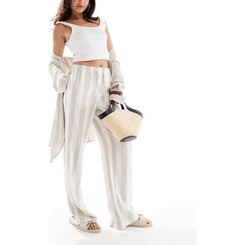 ONLY linen mix pull on trousers in beige stripes-Neutral 115510407