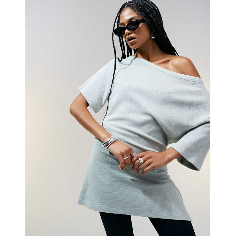 ASOS DESIGN off shoulder cinched waist waffle t-shirt in washed sage-Green
