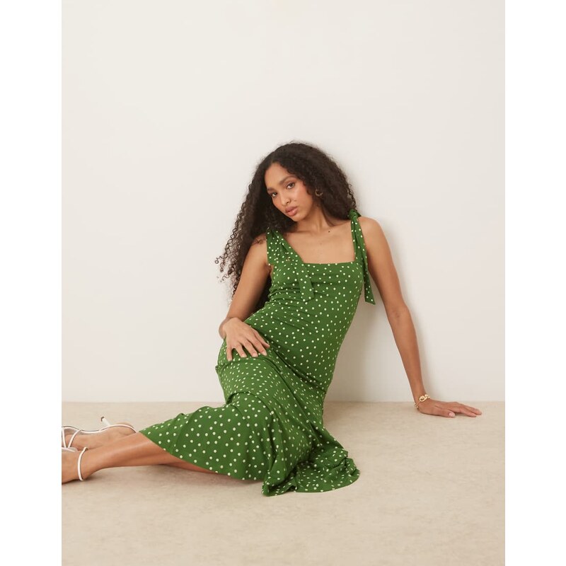 Nobodys Child Adrian tie shoulder midi dress in green spot 105260359
