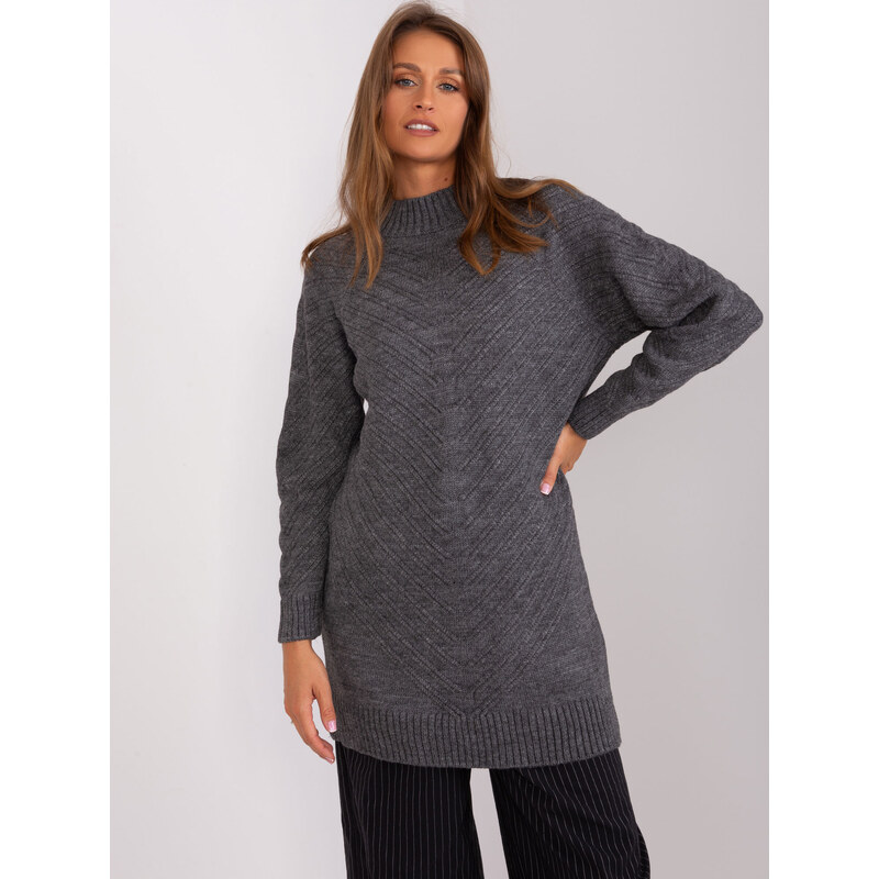BASIC Tmavě šedý dlouhý oversize svetr s rolákem -dark grey Šedá