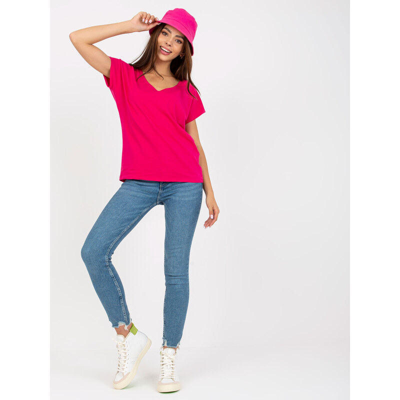 BASIC FEEL GOOD Fuchsiové tričko s výstřihem do V -fuchsia Tmavě 106603374