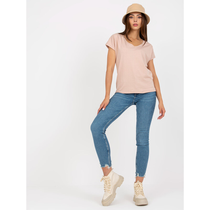 BASIC FEEL GOOD Béžové tričko s výstřihem do V --beige Béžová 72663970