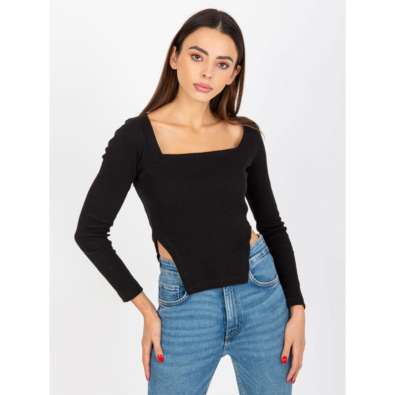 BASIC Černý crop top s cípy a dlouhými rukávy --black Černá 84024992