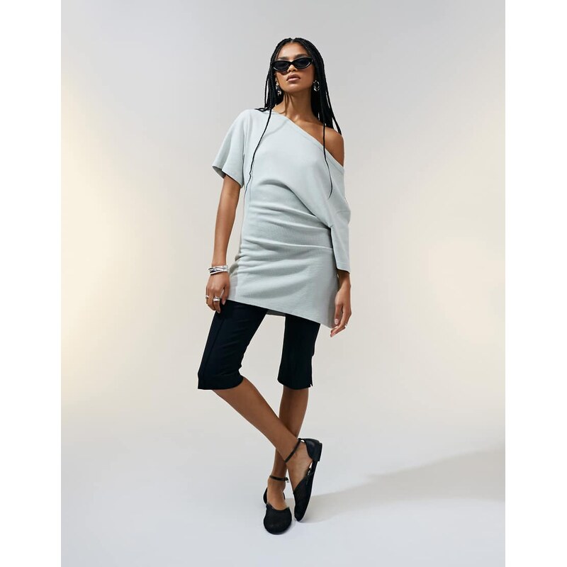 ASOS DESIGN off shoulder cinched waist waffle t-shirt in washed sage-Green