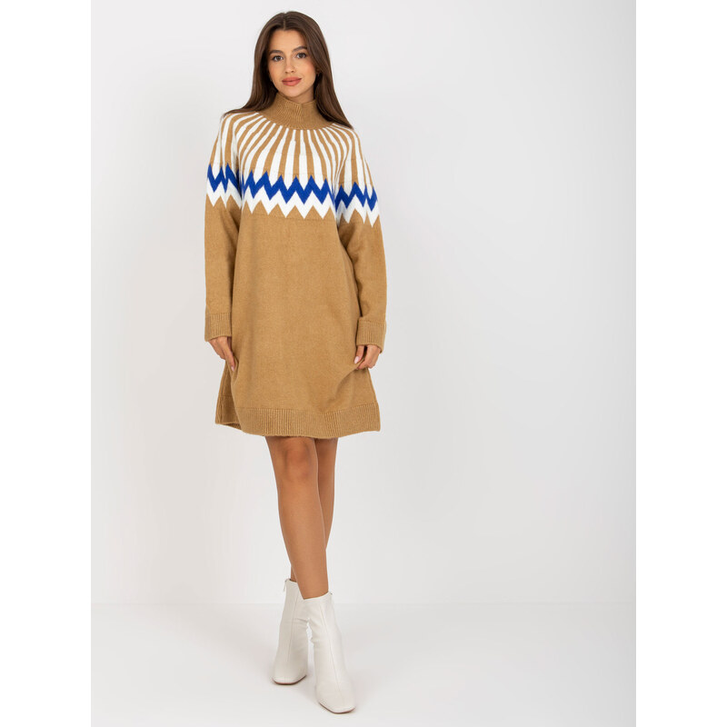 RUE PARIS Hnědé svetrové šaty se vzorem --camel Hnědá