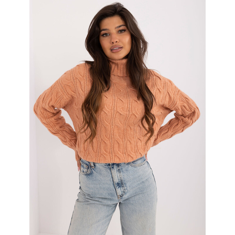 ITALY MODA Světle oranžový copánkový svetr s rolákem -light orange 100037089