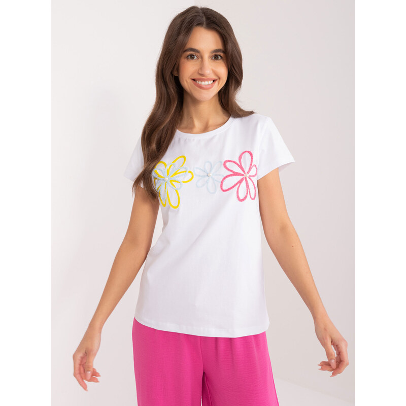 BASIC FEEL GOOD Bílé tričko s aplikací květin --white Bílá 91498781