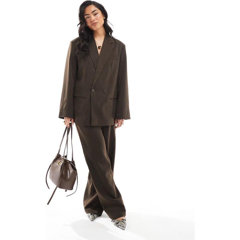 Pieces wide leg tailored trousers co-ord in chocolate brown pinstripe 105265669