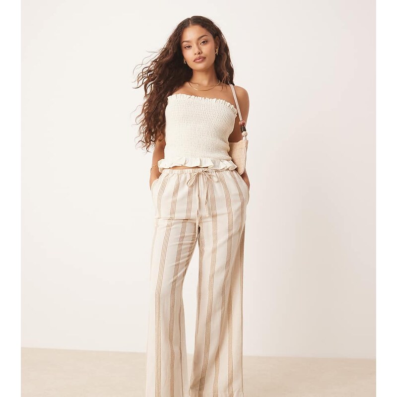 Vila Petite linen touch tie waist wide leg trouser in cream &