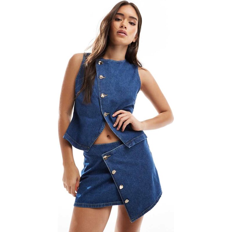 ASOS DESIGN asymmetric wrap front denim micro skirt with gold buttons 105265756