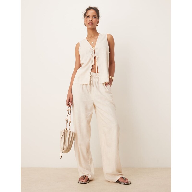 ASOS DESIGN linen look pull on trousers in stone-Neutral