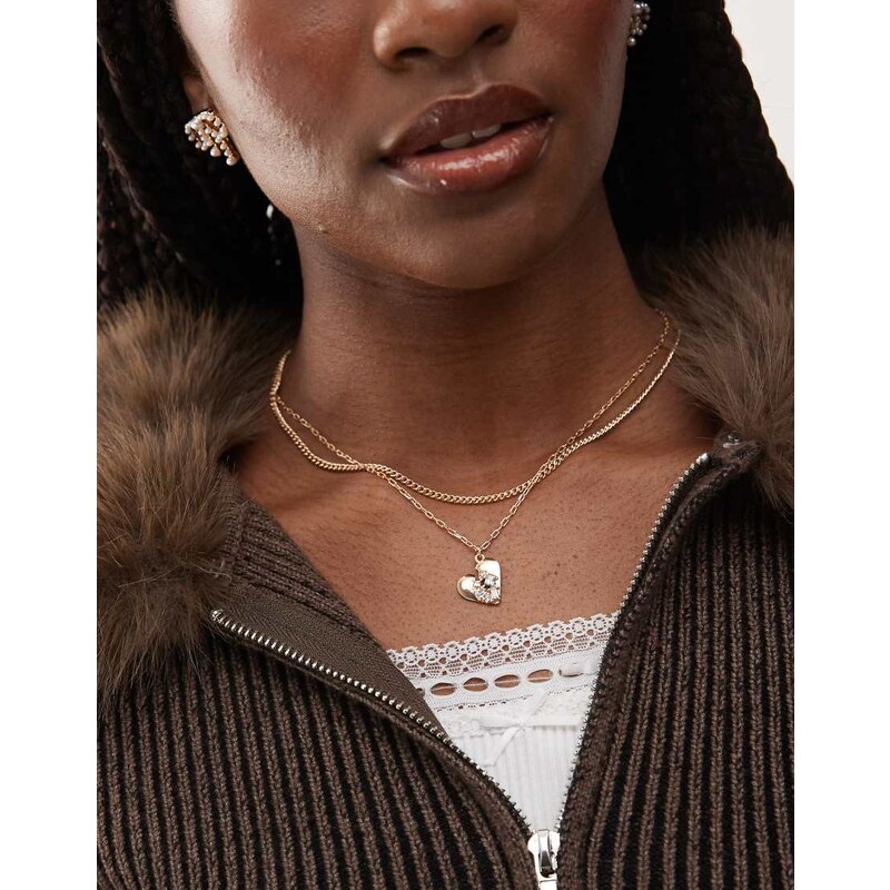 Reclaimed Vintage 2 row necklace with chain and heart pendant in gold 105265836