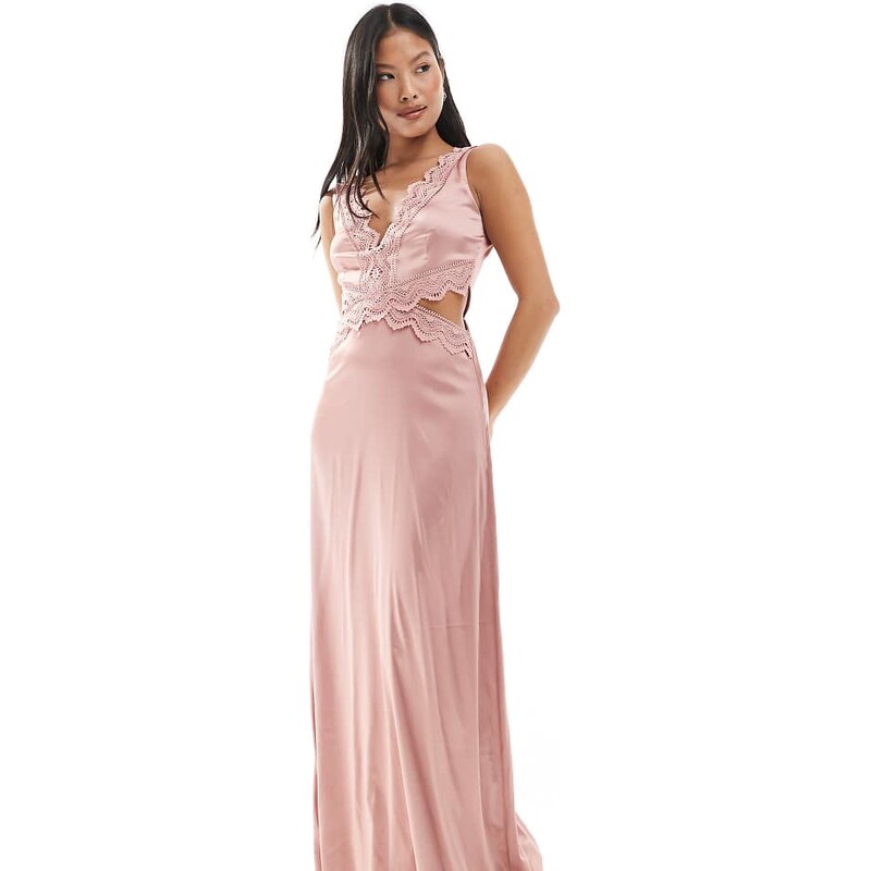 TFNC Petite Bridesmaid satin maxi dress with scalloped lace detail in 115510915