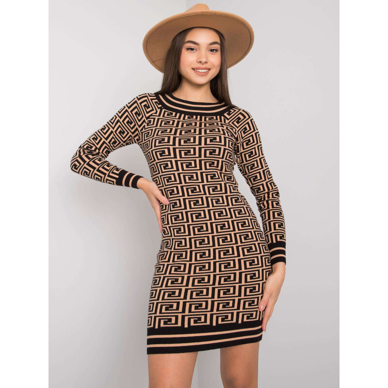 BASIC Hnědé dámské vzorované přiléhavé šaty -camel Vzory 76209448