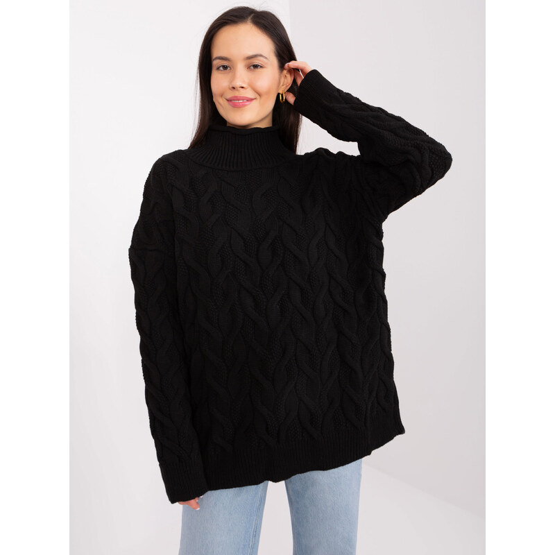 BASIC Černý pletený svetr s rolákem -black Černá 87161321